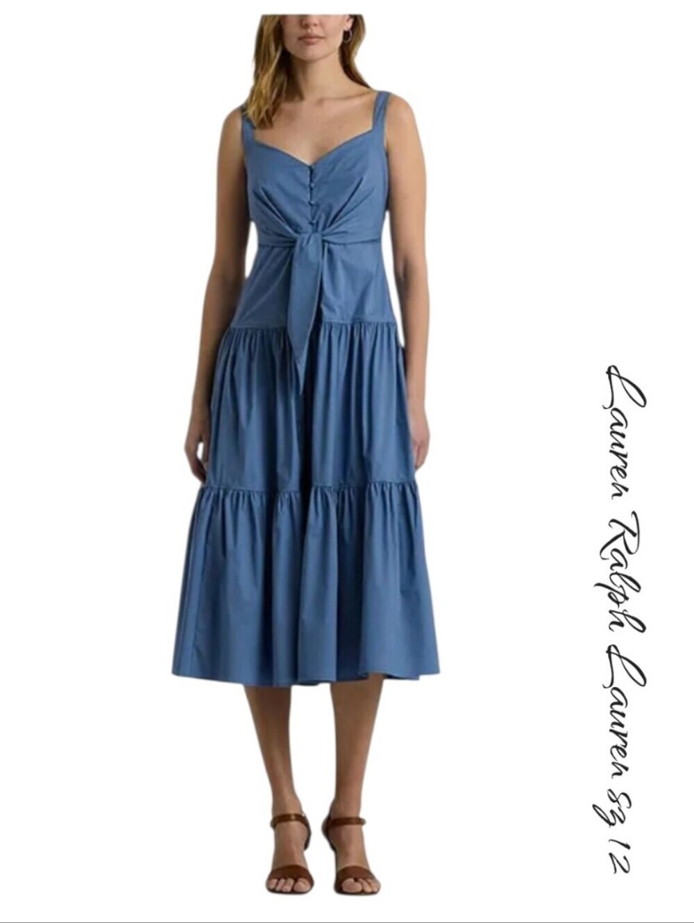 Lauren Ralph Lauren Blue Tie Front Tiered Midi Dress Size 12 NWT